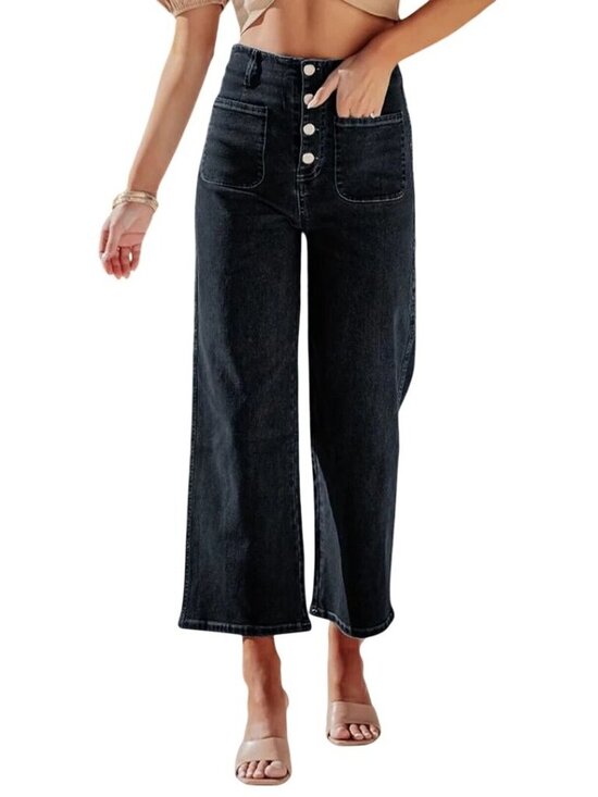 Vintage Pants - Womens Wide Leg Pants Size Medium Flat Front Button Fly Front Pockets Black